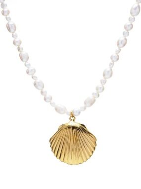 Freshwater Pearl Necklace with Gold Shell Pendant - by Mayamar
